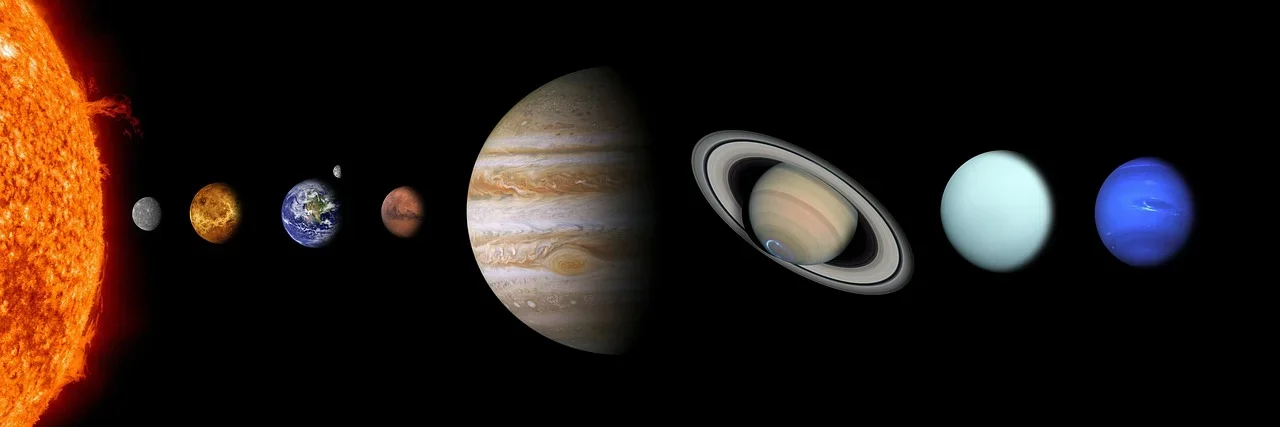 太陽系示意圖，包含太陽與各大行星